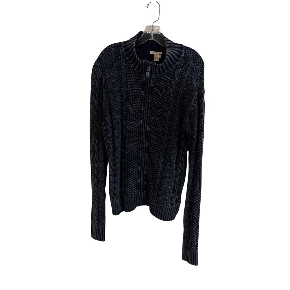 Carbon2Cobalt Mens Medium Blue Acid Wash Cable Knit Full Zip Cardigan Sweater